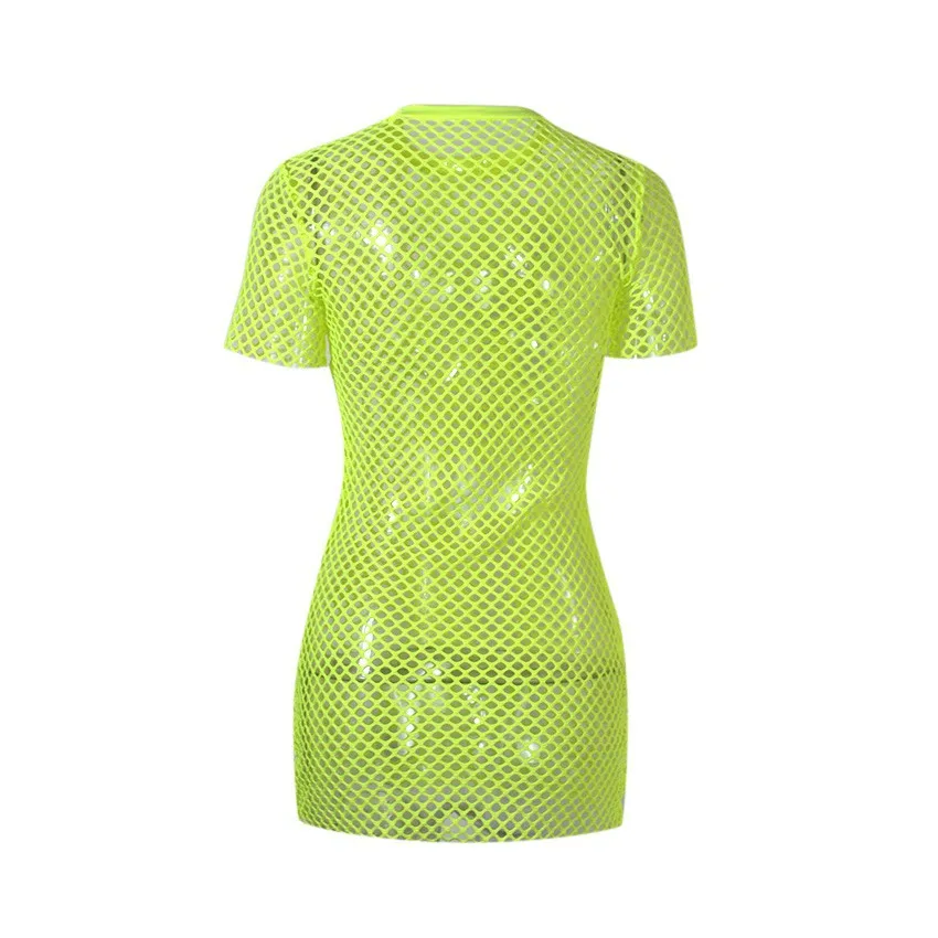 Minivestido transparente de malla verde neón para mujer, camiseta de manga corta, Vestido de playa suelto, ropa de verano