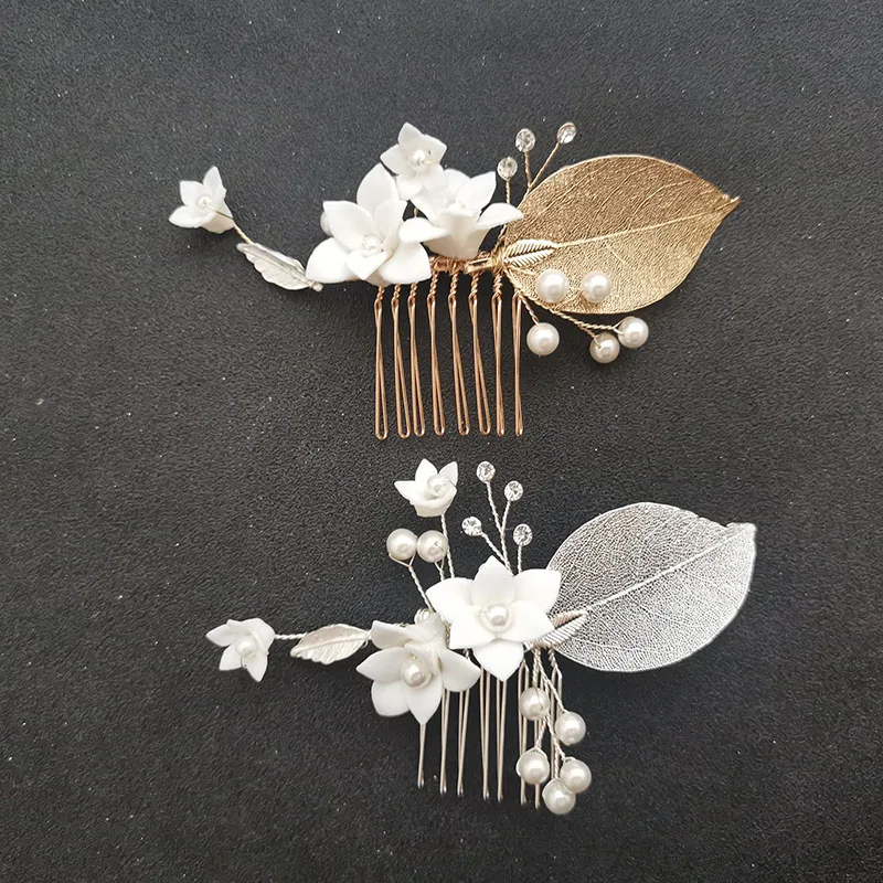 

SLBRIDAL Handmade Alloy Leaf Pearls Ceram Flower Bridal Hair Comb Wedding Headdress Hair Accessoies Bridesmaids Women Jewelry