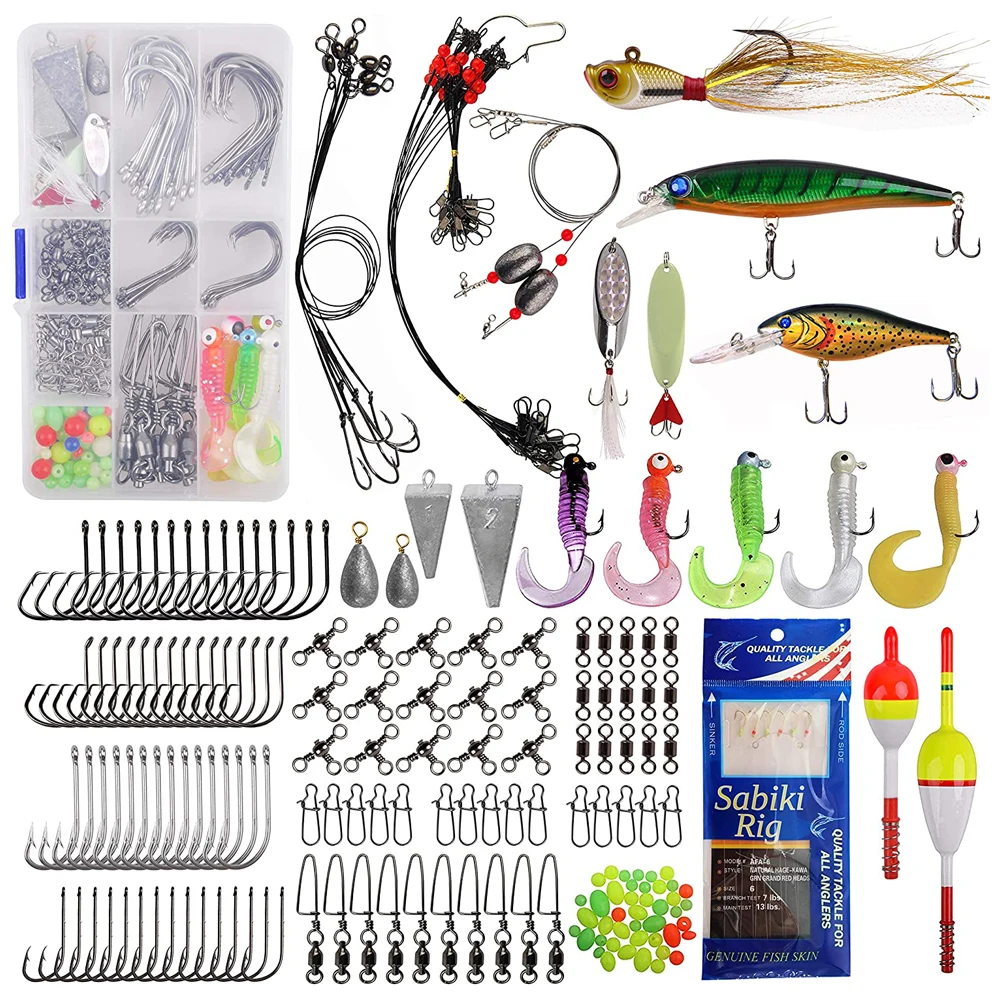 

212Pcs Saltwater Fishing Lure Kit Fishing Bait Rigs Hooks Minnow Lures Swivels Wire Leaders Floats Surf Fishing Equipment Set