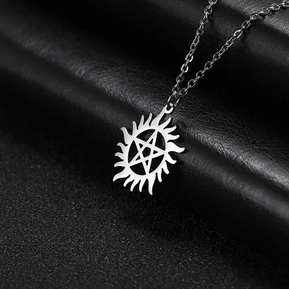 Unift Vintage Stainless Steel Gear Pentagram Sun Necklaces Women Men Supernatural Amulet Wicca Witchcraft Couple Jewelry Gift