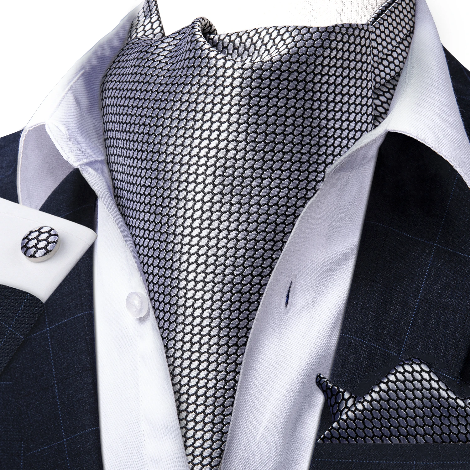 Men Luxury Silver Check Vintage Gentlemen Self Tie Cravat Ascot Pocket Square Necktie Handkerchief Set Wedding Party DiBanGu