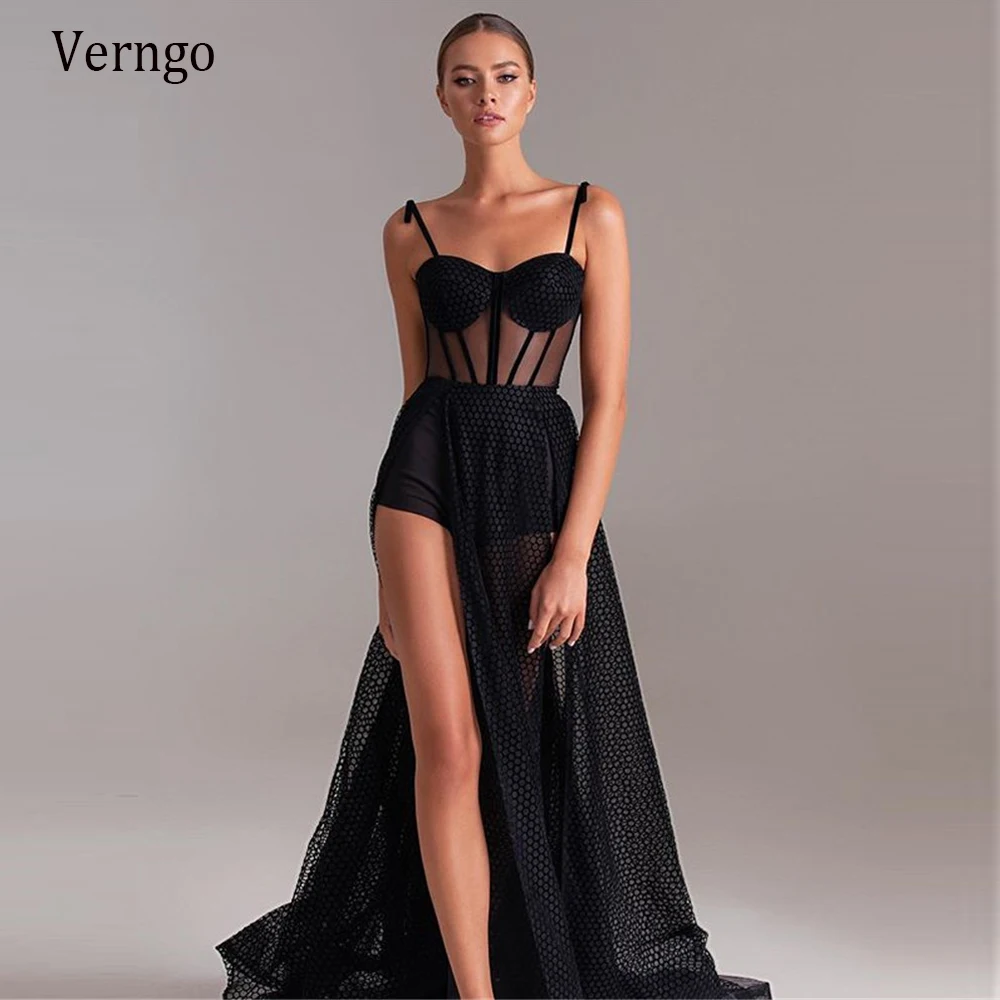 Verngo Modern Black A Line Evening Dress 2021 Spaghetti Straps Boning Top High Side Slit Sexy Formal Party Gowns With Short Pant