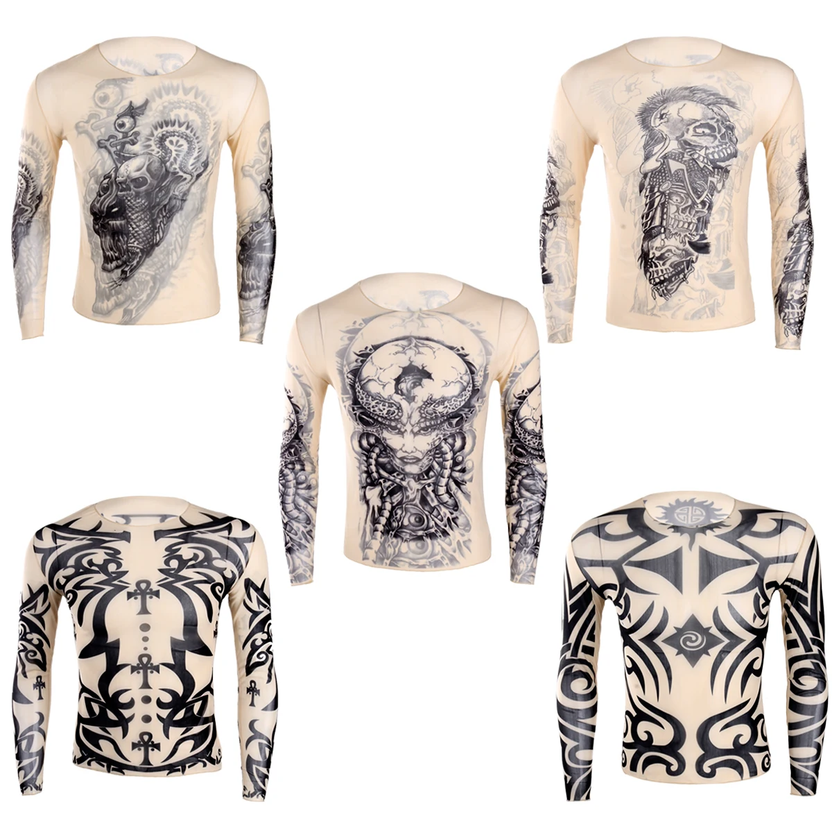 Men\'s Tattoo T-Shirts O-Neck See Through Long Sleeve Fake Tattoos Printed Design Stretchy Sexy Tops Male Fancy Party Costume