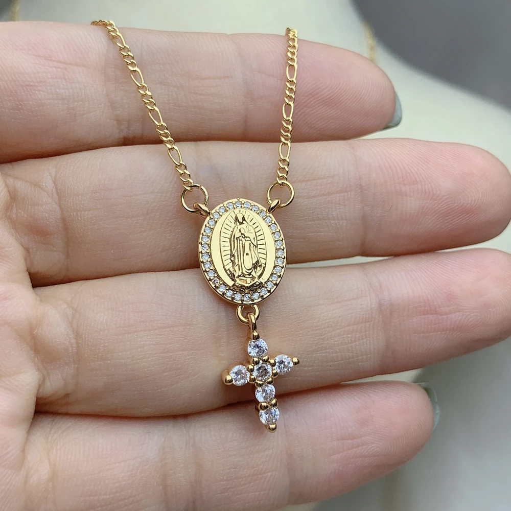 Metal Plated Gold Zircon Small Cross Virgin Mary Pendant Figaro Chain Necklace For Women 2021 Neck Jewelry