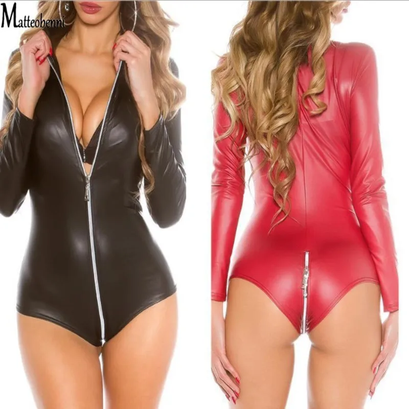 

Sexy Open Crotch Faux Leather Bodysuit Fetish Body Suits Women Pvc Dress Erotic Breast Exposing Crotchless Latex Lingerie Sissy