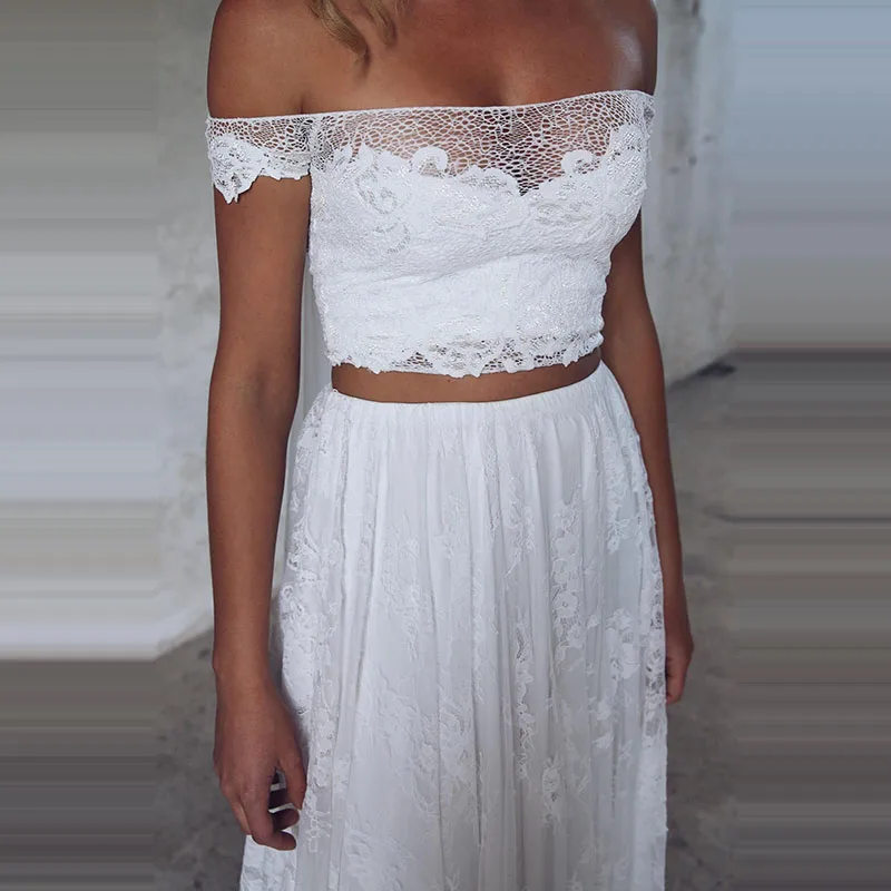 Abito da sposa da spiaggia in due pezzi con spalle scoperte abito da sposa in pizzo Appliques abiti da sposa Boho Plus Size Robe De Mariage