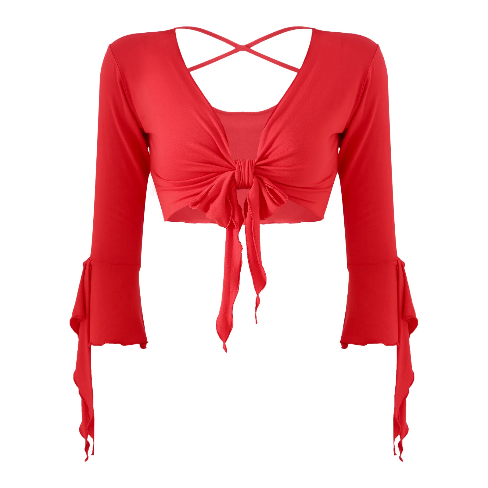 Women Belly Dance Tops Chiffon Shawl Bolero Shrug Tie Front Cardigan 3/4 Sleeve Lace-up Crop Top Dancewear