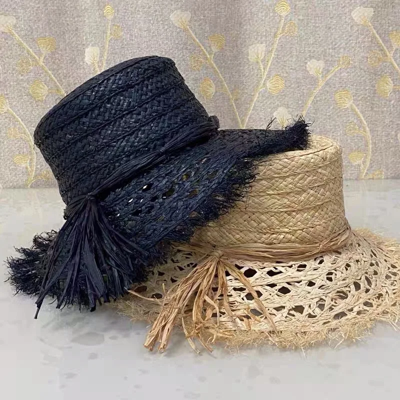 New Retro Hollow Raffia Bowknot Flat Top Straw Hat Raw Edge Sun Hat Female Summer Bucket Beach Hat Vacation Derby Verano