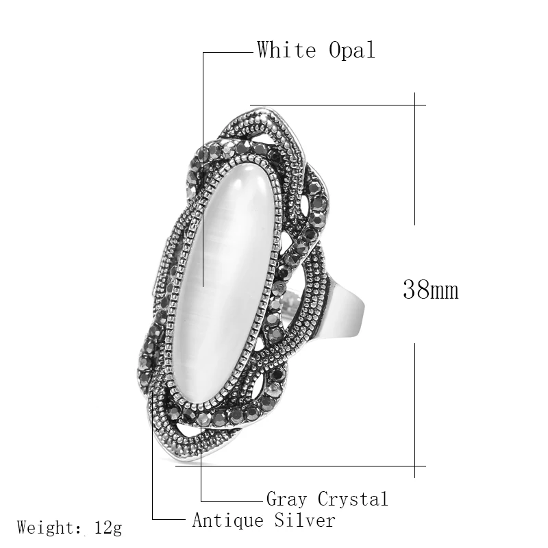 Kinel Top Quality Bohemian Style White Opal Ring Big Oval Silver Plated Mosaic AAA Gray Crystal Rings For Women Vintage Jewelry