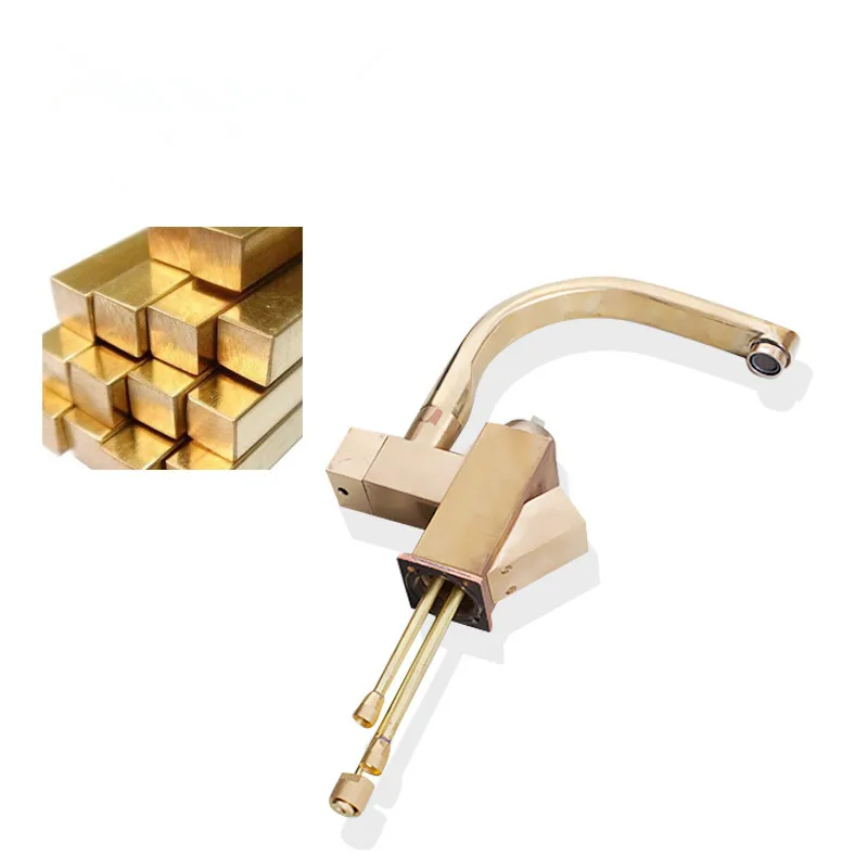 Kitchen Sink Faucet Solid Brass Mixer Tap Single Handle Hot & Cold Sink Crane Tap 360 Degree Rotation Pull Out Basin Faucet Gold