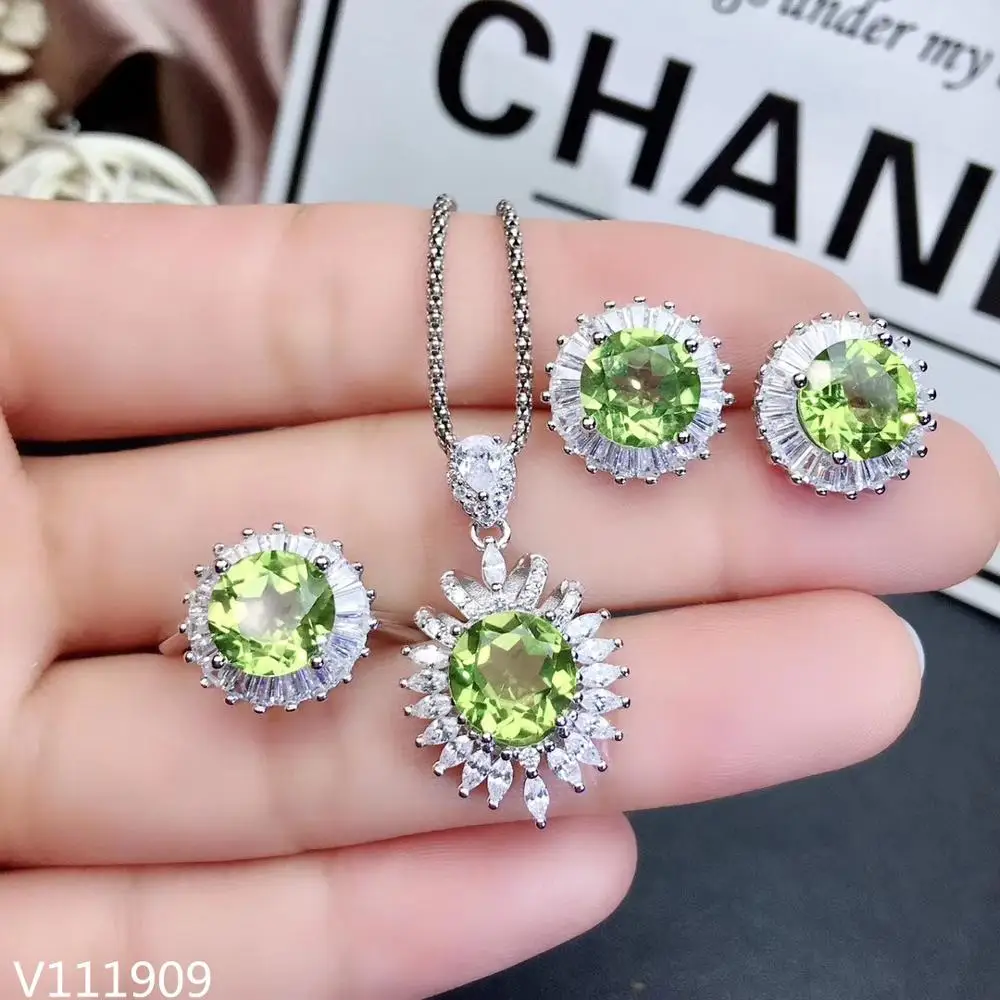 KJJEAXCMY boutique jewelry 925 sterling silver inlaid Natural Peridot Necklace Ring Earring female Suit Support Detection