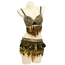 Girls Belly Dance Clothes Nightclub Wear Party Outfit Coins Hip Scarf Beads Belly Dance Costume Set 3PCS DJ Sexy Bras