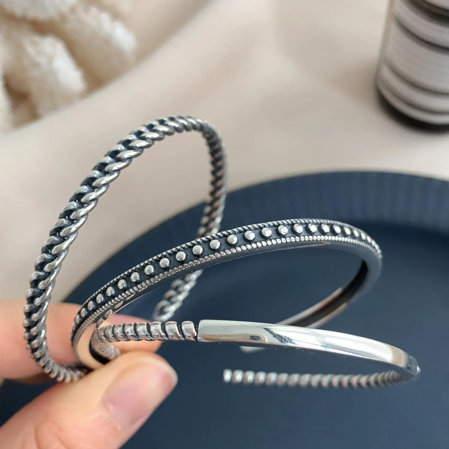 S925 Sterling Silver Bangle For Women Korean Retro Simple Opening Bangle Jewelry Wholesale