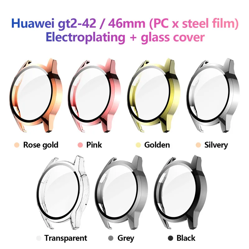 2 Dalam 1 Cocok untuk Jam Tangan Huawei GT 2 PC Elektroplating + Film Tempered Penutup Pelindung Cangkang Terintegrasi Casing Jam GT2 46Mm/42Mm