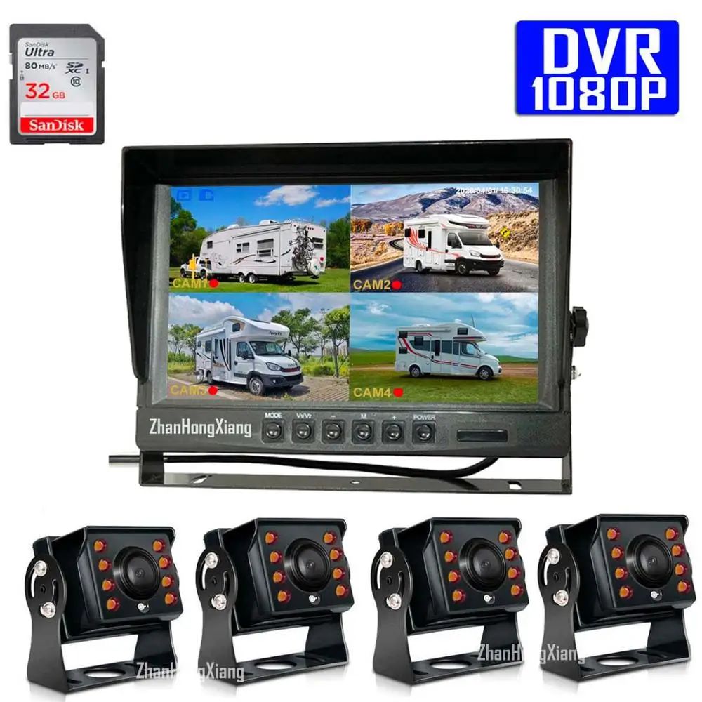 

4 x AHD 1080P 8LED IR 4Pin Reverse Backup Camera + 9" IPS 4CH Quad Split Car Rear View DVR Recorder Monitor System For Bus Truck