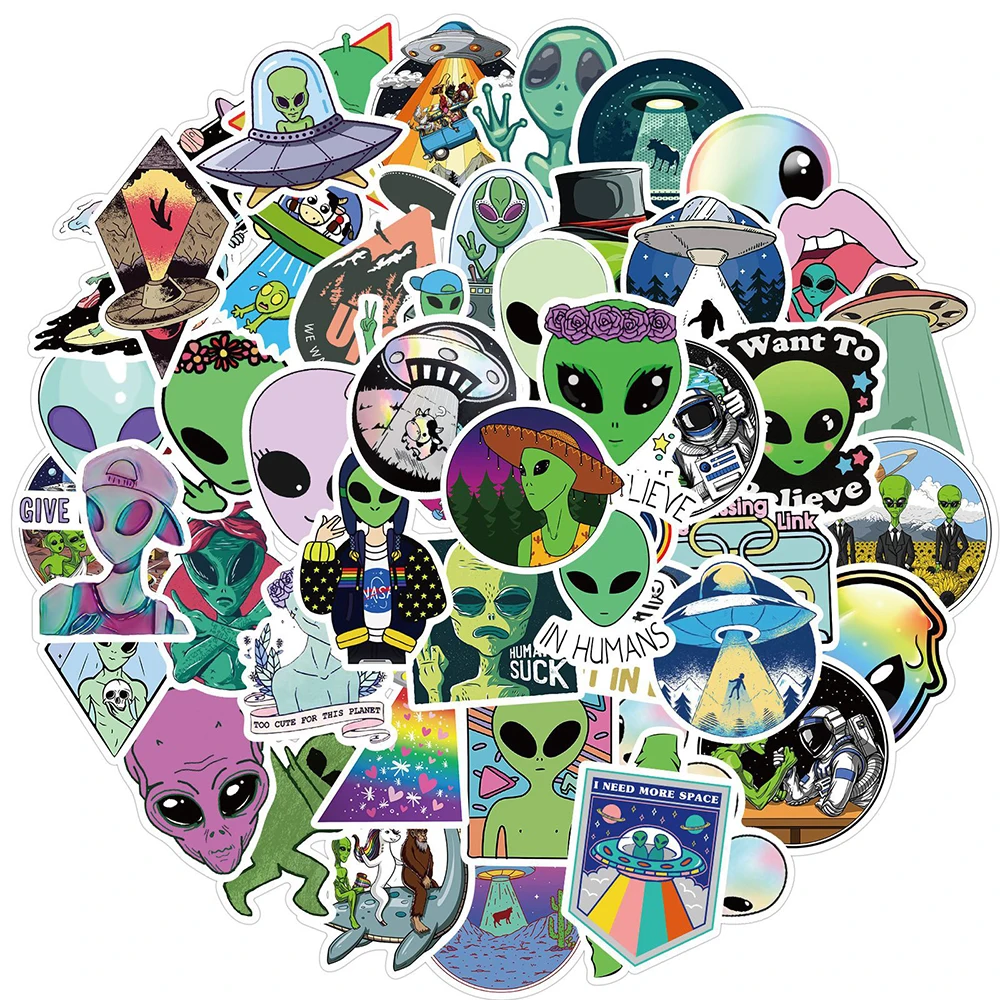 10/30/50PCS Cartoon UFO Alien Stickers Laptop DIY Motorcycle Luggage Phone Guitar Skateboard Waterproof Joke Sticker Kid Toy