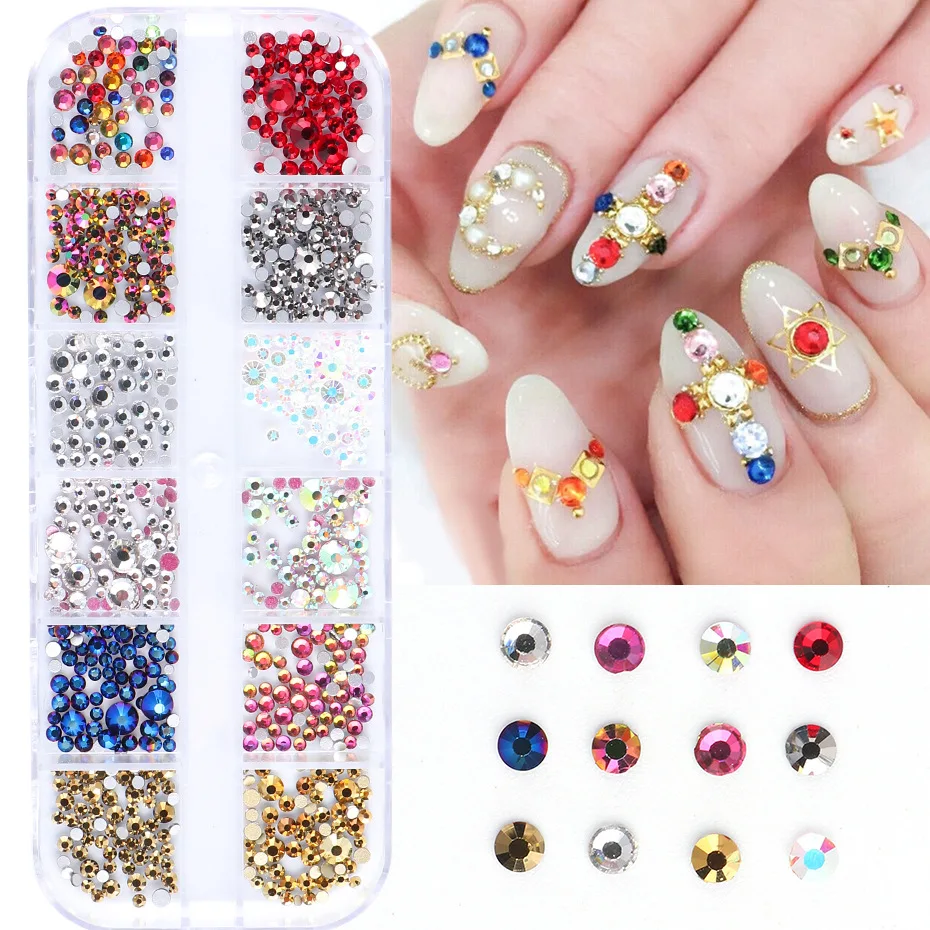 12 Grid Colorful Crystal Nail Full Color AB Color Mixed Size Luminous Glass Nail Sticker Diamond Rhinestones Nail Art Decoration