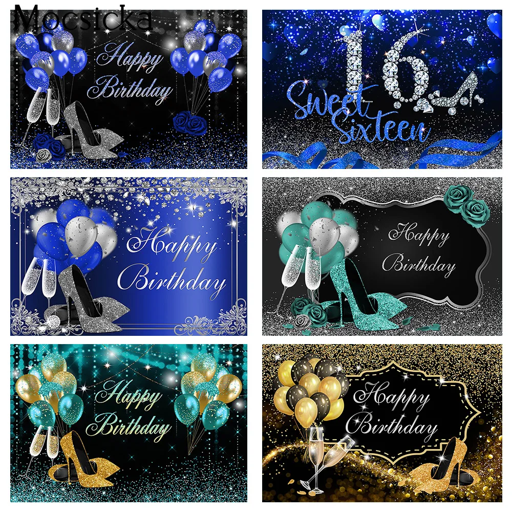 Blue Glitter Happy Birthday Backdrop Sweet Sliver High Heels Champagne Woman's Birthday Photography Background Photo Backdrops