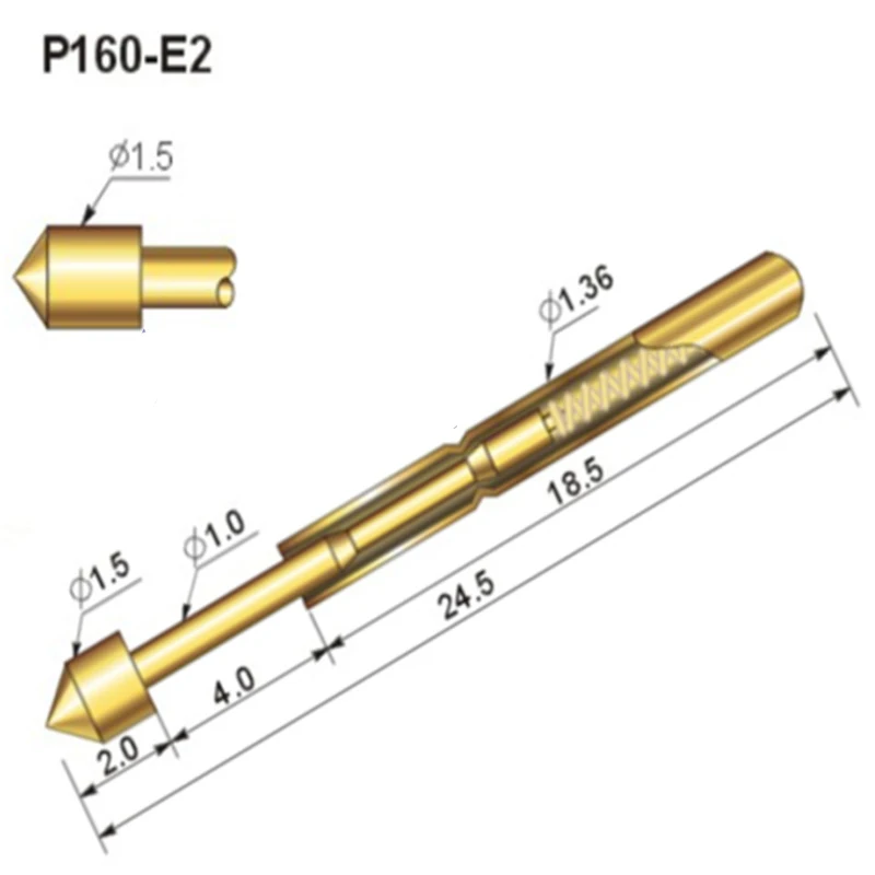 

100PCS/Pack Gold Plated P160-E2 Conical Spring test Pin 1.36mm Outer Diameter 24.5mm Length PCB Probe