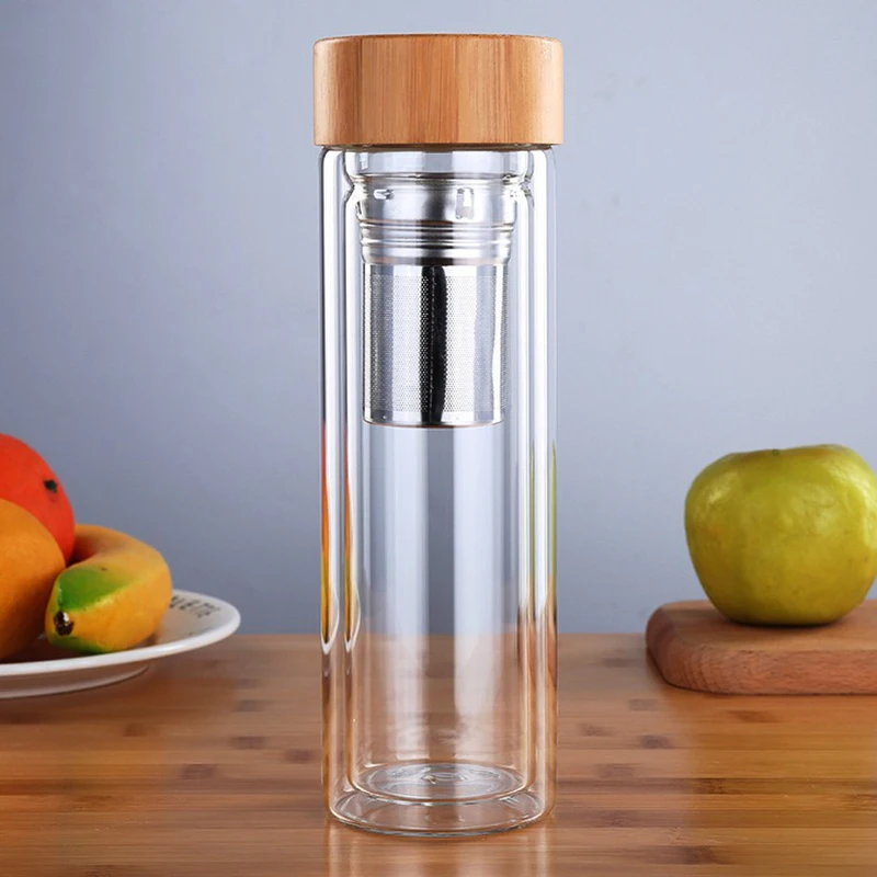 350/450Ml Double Wall Glass Water Bottle Tea Infuser Office Tea Cup Stainless Steel Filters Bamboo Lid Travel Drinkware