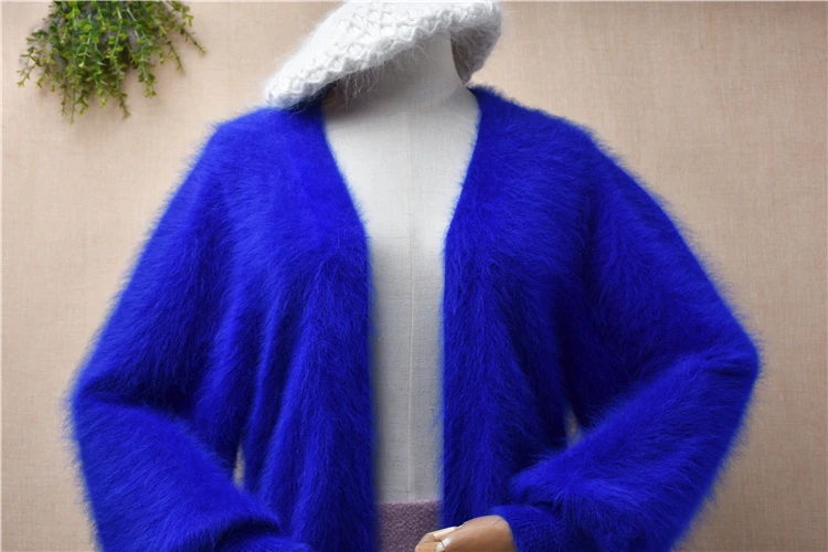 ladies women fashion blue hairy mink cashmere knitted long lantern sleeves loose cardigan mantle angora fur jacket coat sweater