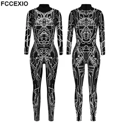 FCCEXIO Messy Lines Print Black Jumpsuit  Long Sleeve Sexy Women Skinny Jumpsuit Party Series Cosplay Elastic Bodysuits