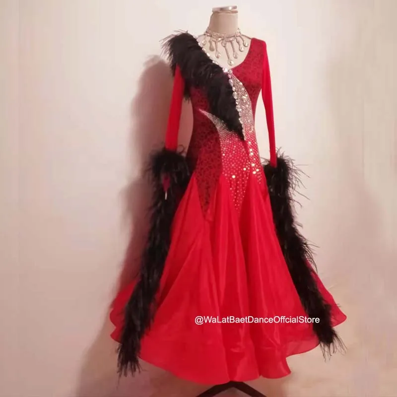 Red Black Feather Standard Ballroom Dress Custom Made Simple Ballroom Dress for Dancer Regular Ballroom Dance Dress Hot Sales