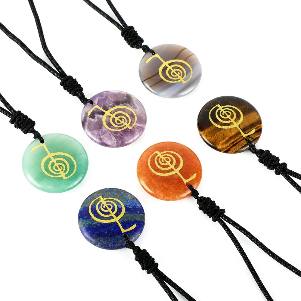 12 colori pietra naturale incidere Reiki spirale simbolo Cho Ku Rei collana pendente tondo ametista guarigione cristallo uomo donna gioielli