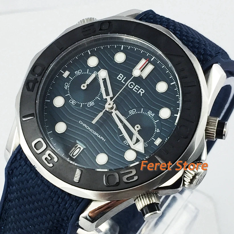 

Bliger new 41mm silver case sapphire crystal black ceramic bezel blue dial date rubber strap chronograph top quartz mens watch