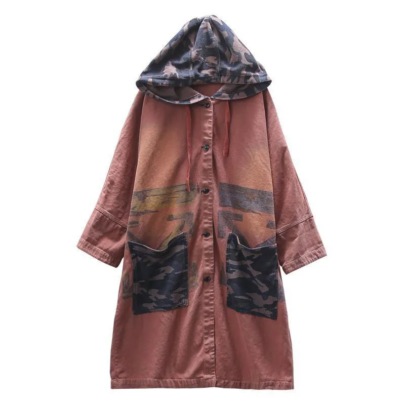 Spring Autumn New Arts Style Women Long Sleeve Loose Trench Coat Vintage Print Cotton Denim Hooded Long Coat High Quality M240