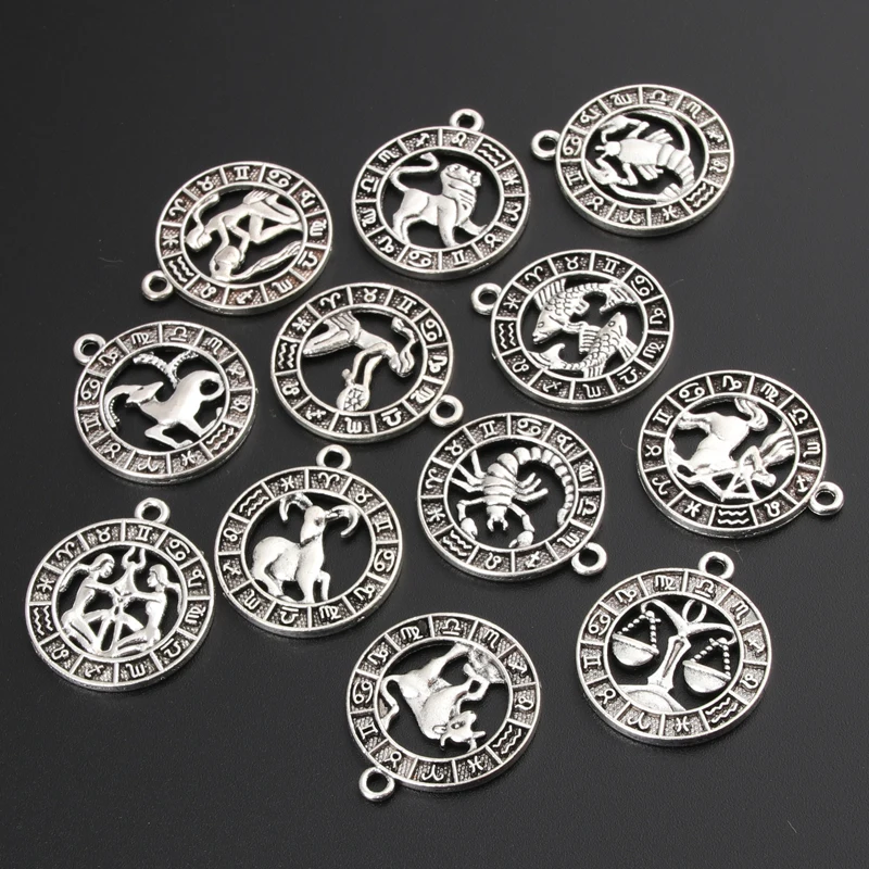 Silver/Gold Color 24x21mm Twelve Constellations Charms Zodiac Pendant For DIY Handmade Metal Astrology Jewelry Making Accessorie