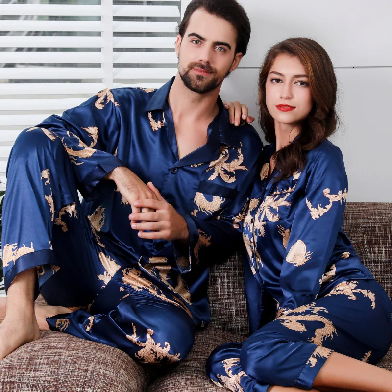 Simulation Silk Couple Pajamas New Long-Sleeved Suit Men And Women V-Neck Silk Printing Dragon And Phoenix Home Service Пижам