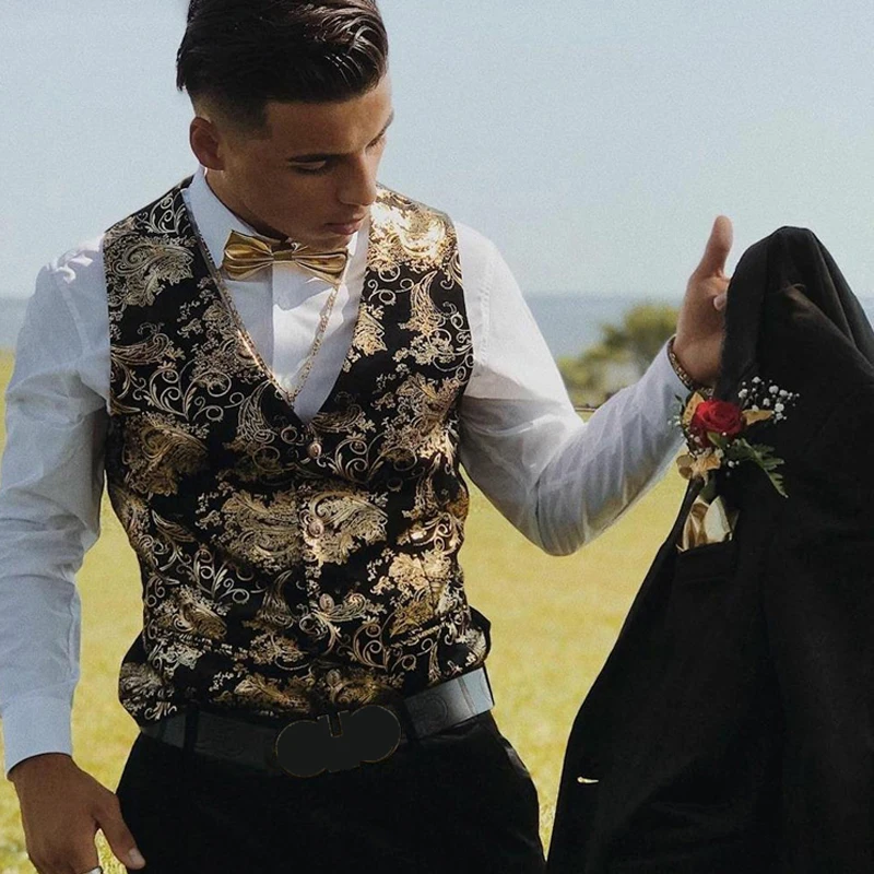 Men Jacquard Floral Vest Luxury Shiny Bronzing Men Suit Vests Nightclub Party Men Dress Vest Casual Mens Wedding waistcoat Gilet