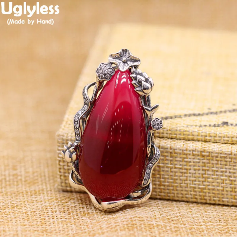 

Uglyless Vintage Ethnic Lotus Flower Garland Pendants for Women Water Drop Corundum Gemstones Necklaces NO Chain 925 Silver P960