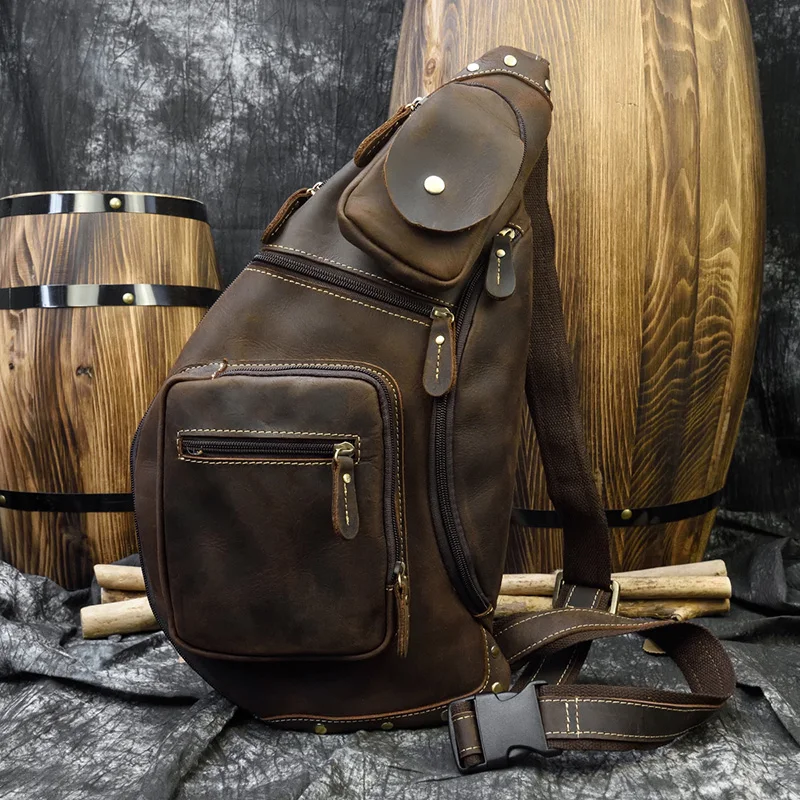 Vintage Genuine Leather Men Chest Bag Brown iPAD mini Shoulder bag Casual Cowhide Crossbody Bags Small Riding Travel Sling Pack