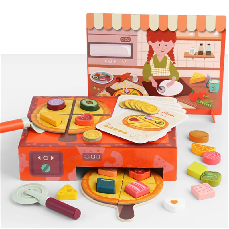 Pizza Wooden Toys Food Cooking Simulation Tableware Children Kitchen Pretend Play Educational Toy Fruit Vegetable with Tableware