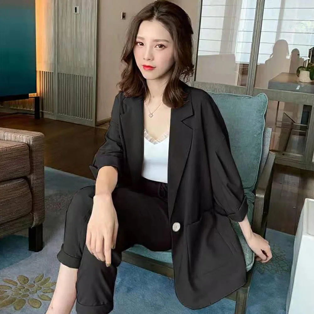 Two Piece Set Big Size Elegant Office Lady Suit Slim Long Pants Jacket Blazer Top Suit Commuting Wind Work Casual Women Set