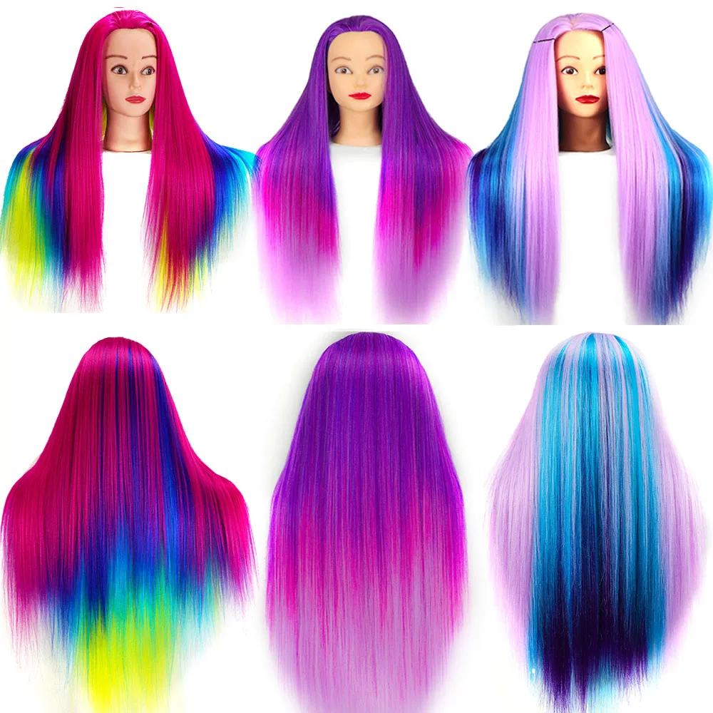 Cosmetology Mannequin Doll Head With Rainbow Color Hair For Braiding Hair Styling Training Hairart Hairdressing Salon Display