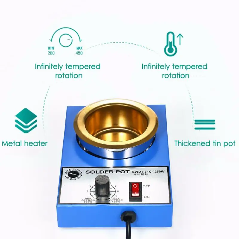 100/150/250/300W Solder Pot Tin Melting Furnace Thermoregulation Soldering Desoldering Bath 100/80/50/38mm 200~450 Centigrade