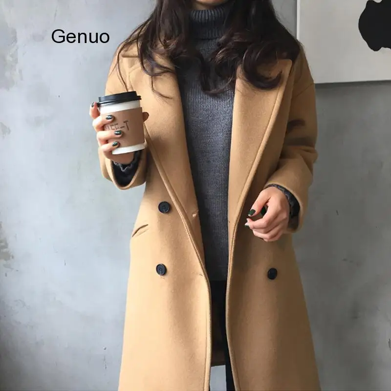 

New Thin Wool Blend Coat Women Solid Long Sleeve Turn-Down Collar Jacket Autumn Winter Elegant Double Breasted Jacket Femme