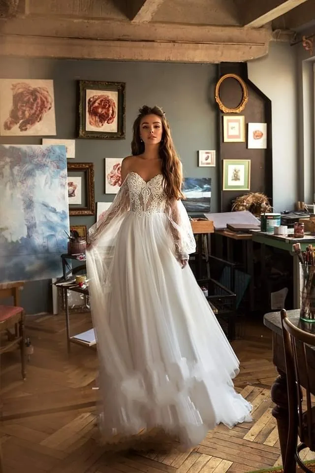 Elegant Bohemia Lace Beach Wedding Dress 2024 Long Sleeve Off The Shoulder Boho Wedding Bridal Gowns Robe De Mariee image 6