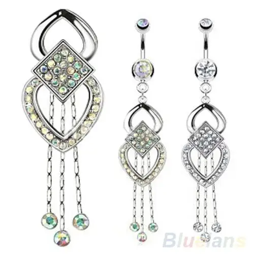 HOT!!! Fashion Women Rhinestone Tassels Dangle Chandelier Barbell Piercing Belly Navel Bar Ring 316L Surgical Steel Body Jewelry