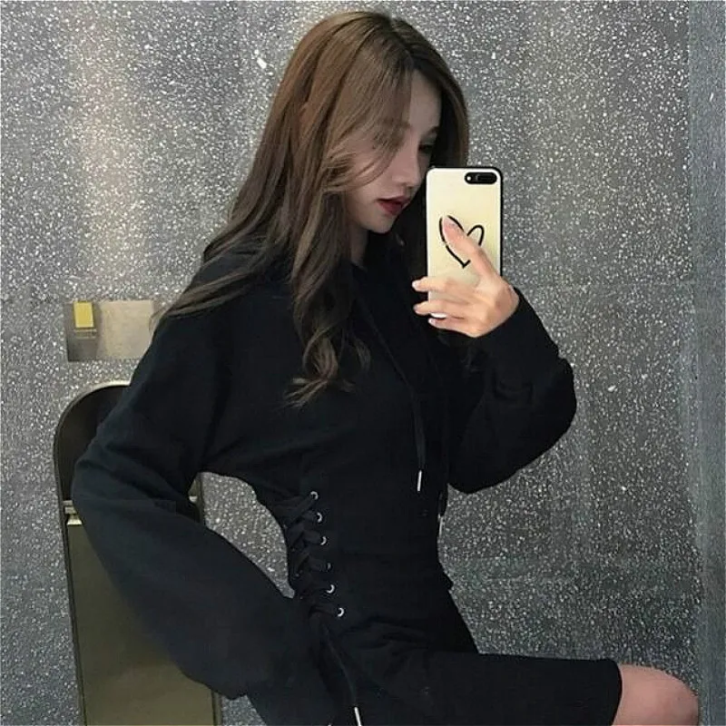 Long Sleeve Dress Women Gray Classy Slim Popular Stylish All-match Ins Criss-cross Mini Vintage Solid Hooded Empire Spring Daily