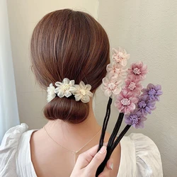 New Women Elegant Bud Chiffon Flowers Bun Maruko Hairstyles Making Long Tools Sweet Headband Hairbands Fashion Hair Accessories