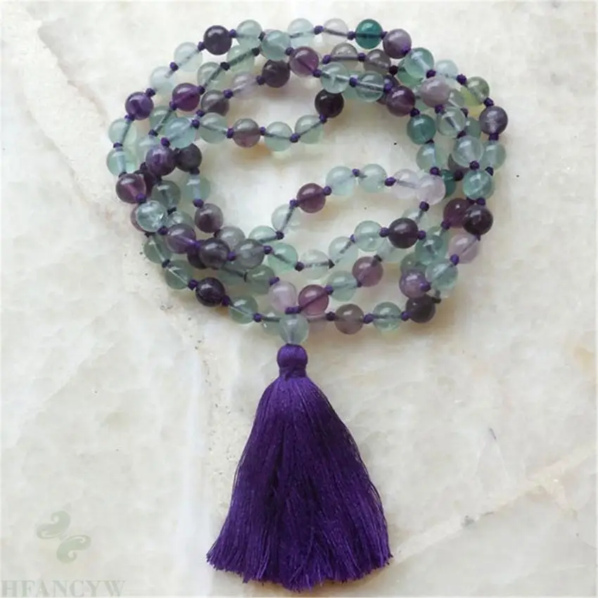 

8mm Natural Fluorite 108 Beads Handmade Tassel Necklace Prayer Cuff Buddhism Spirituality Healing Lucky Yoga Blessing Religious