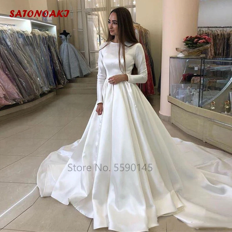 

Elegant Satin Long Sleeves Wedding Dress 2024 O-Neck A-Line Simple Princesa Bride Gown Court Train Vestidos De Novia Robe Mariée