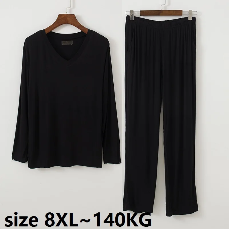Conjuntos de pijama de manga comprida modal masculino, tops de primavera, calças, roupa de casa, respirável, sleepwear macio, plus size, 8XL