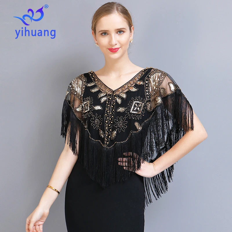 Women Vintage 1920s Shawl Wraps Sequin Beaded Evening Party Cape Bridal Shawls Bolero Flapper Cover Up