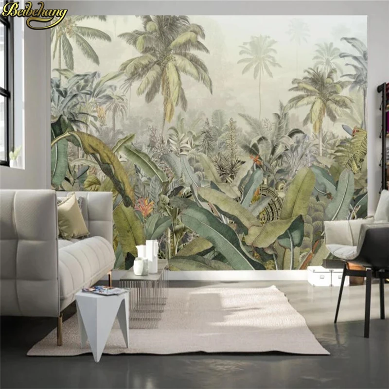 beibehang Custom wallpaper mural medieval hand painted tropical rain forest plant banana leaf TV background wall 3d wallpaper