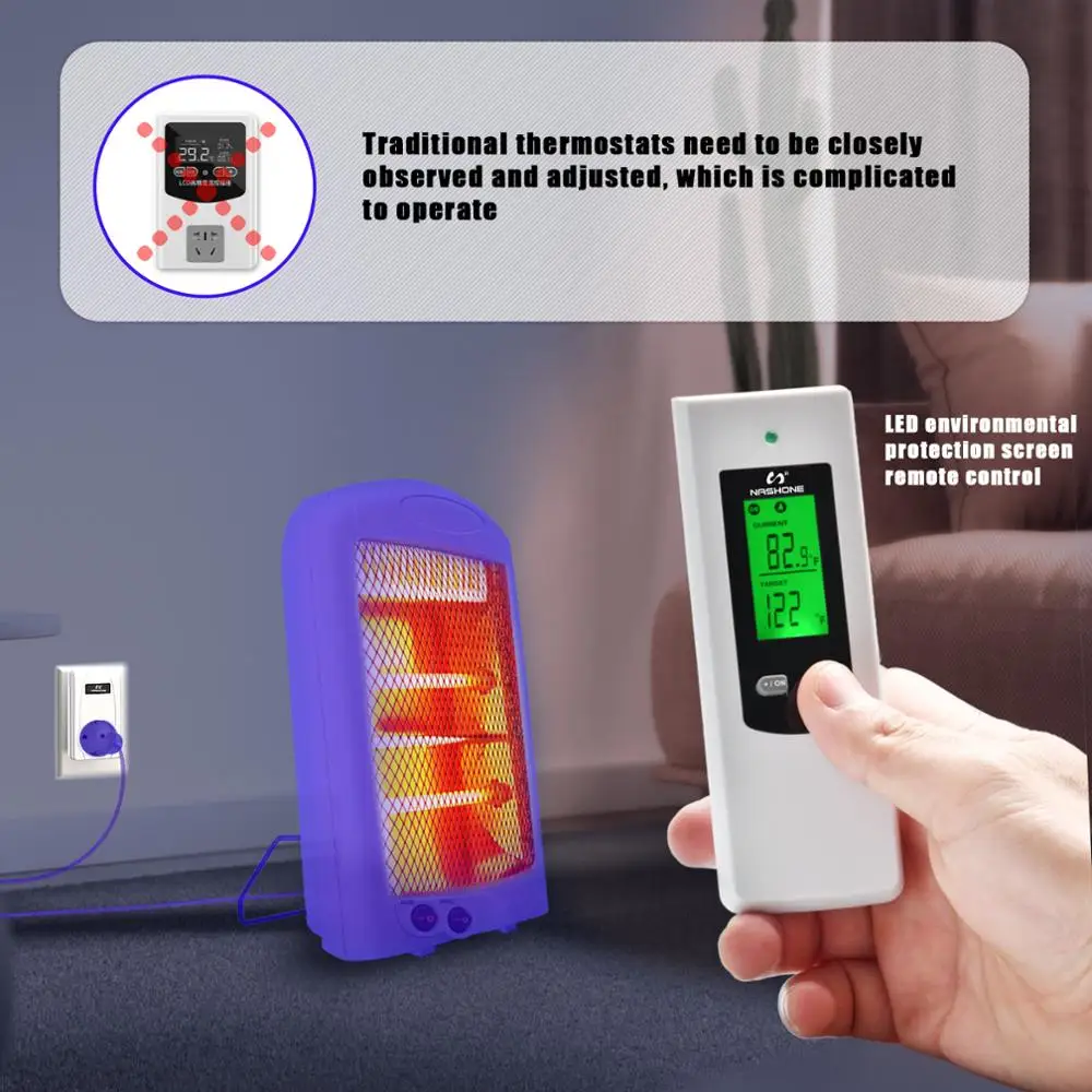 Nashone Termostato Inalámbrico, Enchufe del Termostato, Salida, Pantalla LCD, Controlador de Temperatura con Modo de Calefacción y Refrigeración para Calentador Portátil, Ventana AC